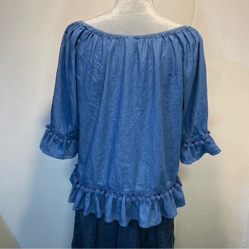 #0246 Hester & Orchard Denim Blue Ruffled Relaxed Blouse w/ Tassels-S - Picture 3 of 8